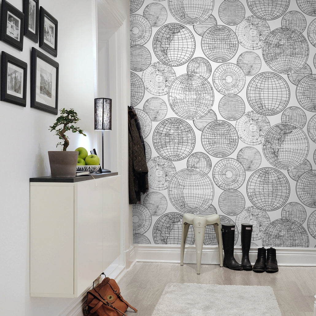 Globes Gathering Black&White Mural Wallpaper (SqM)