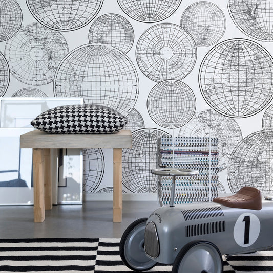 Globes Gathering Black&White Mural Wallpaper (SqM)