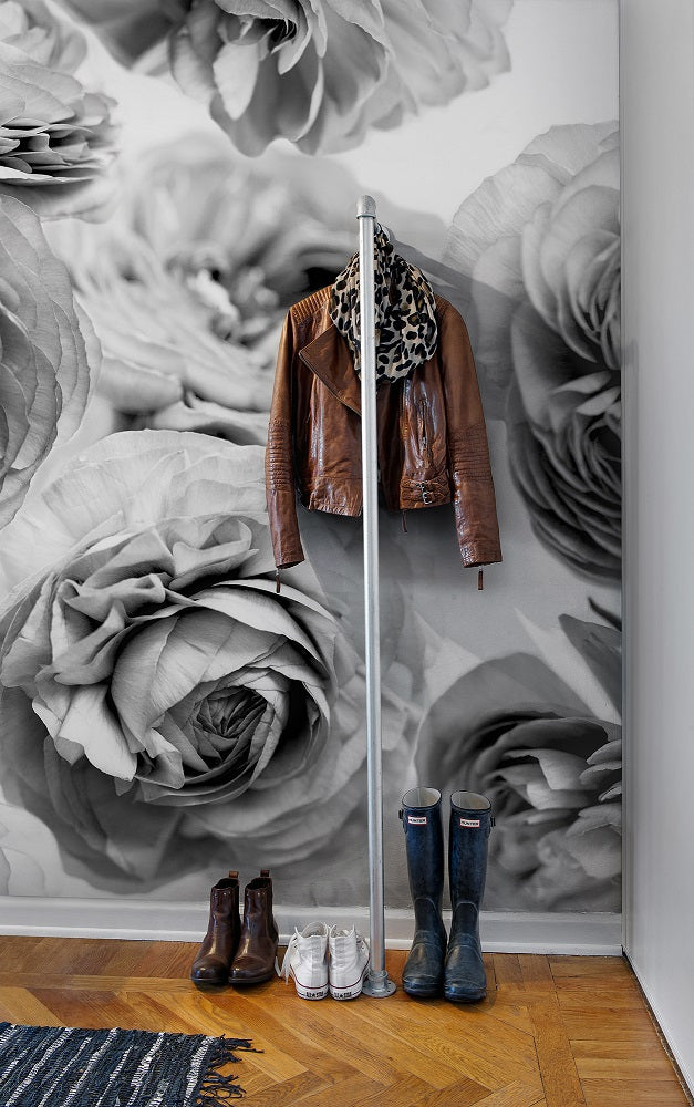 Summer Wind Roses Black & White Mural Wallpaper (SqM)