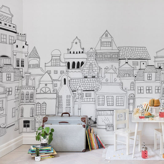 Outlined London Houses Mural Wallpaper (SqM)