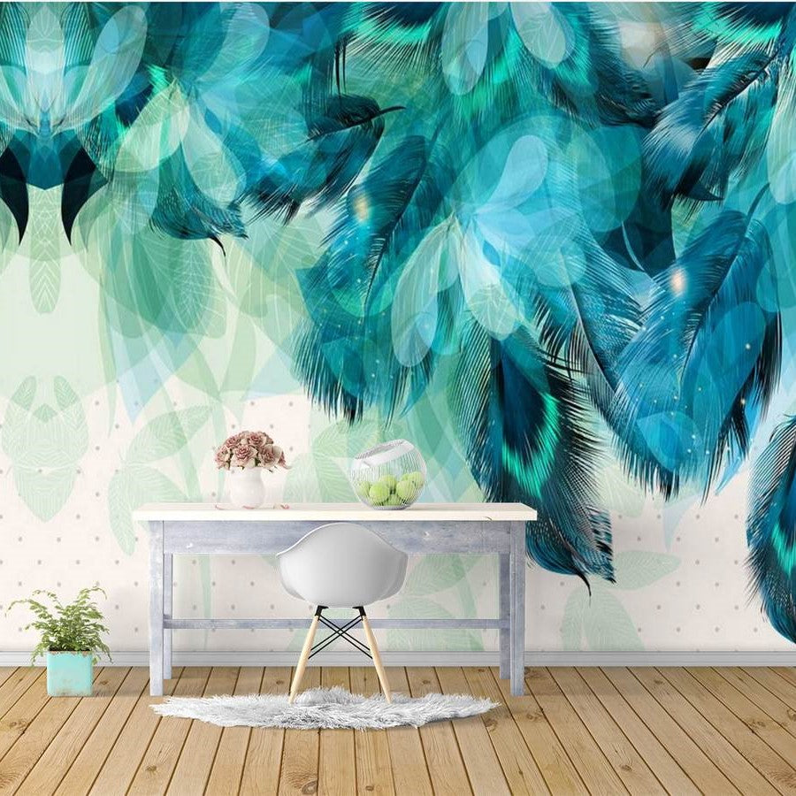 Teal Feathers Mural Wallpaper(SqM)