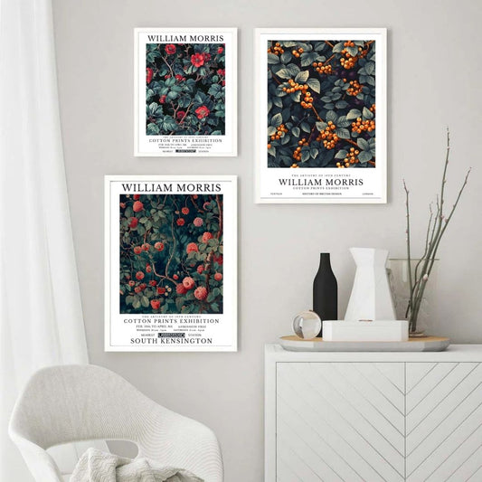 Fruits Berries Raspberry Red Flowers William Morris Vintage Wall Art Canvas Prints