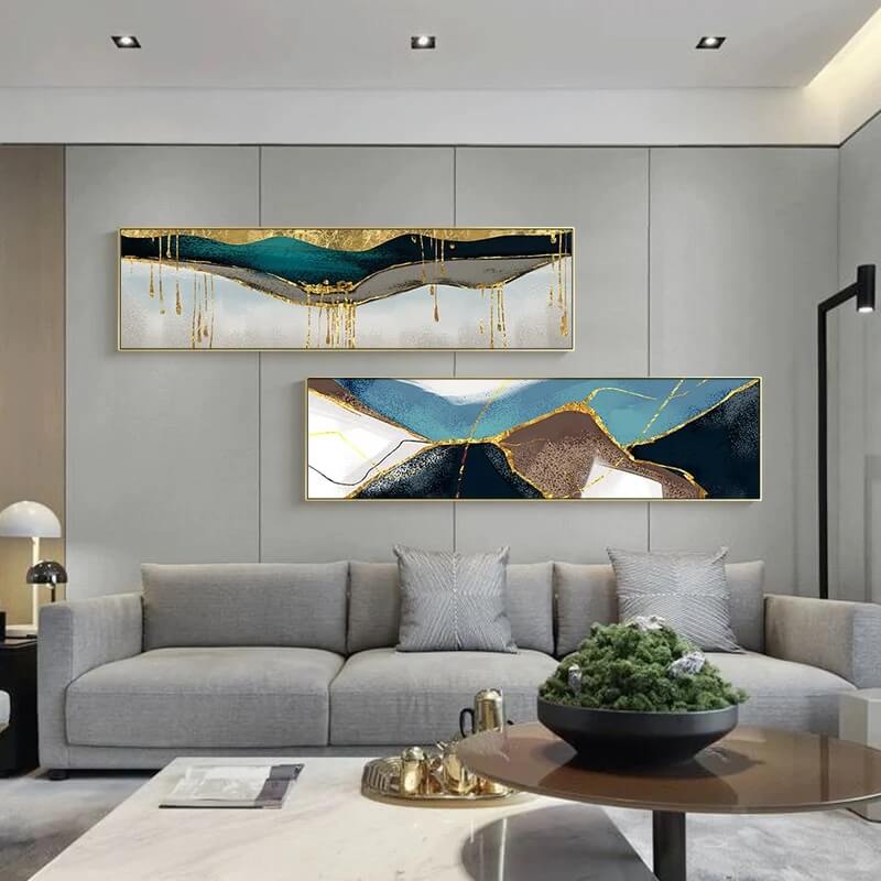 Nordic Abstract Golden Geomorphic Above Bed Canvas Wall Art