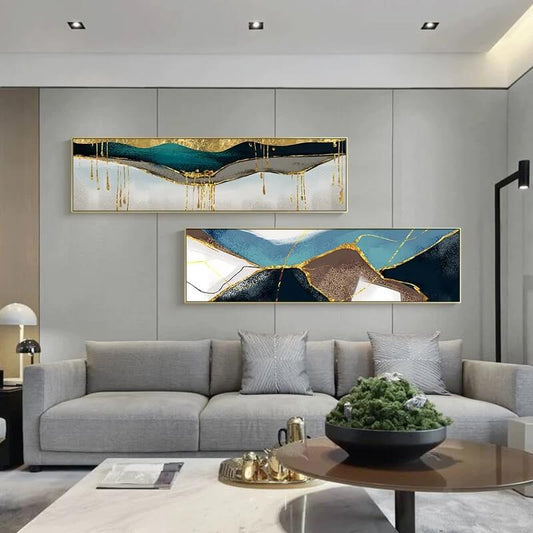 Nordic Abstract Golden Geomorphic Above Bed Canvas Wall Art