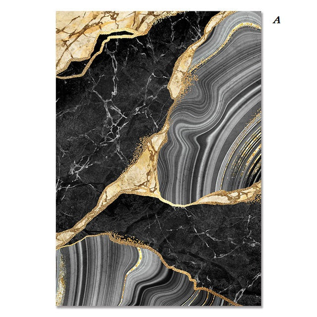 Abstract Black White Golden Marble Canvas Prints