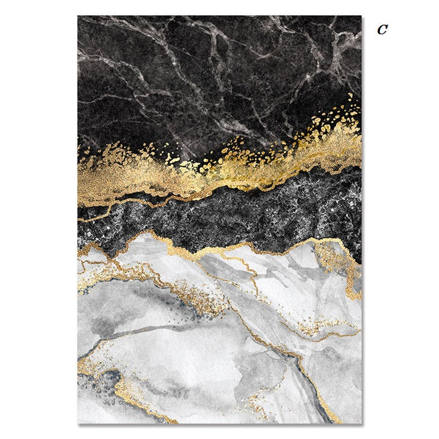 Abstract Black White Golden Marble Canvas Prints