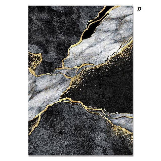 Abstract Black White Golden Marble Canvas Prints
