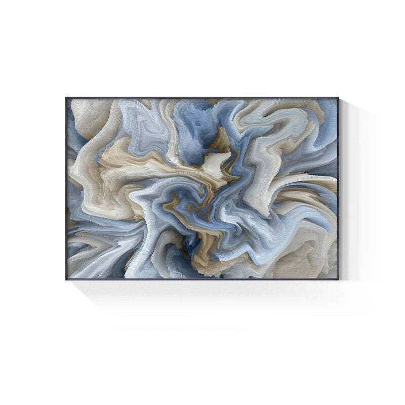 Abstract art print with swirling blue, beige, and gray patterns on a white background