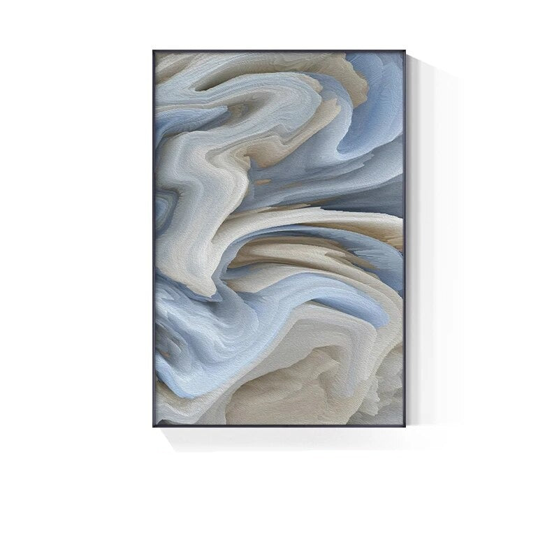 Abstract art print with wavy patterns in blue and beige on a white background