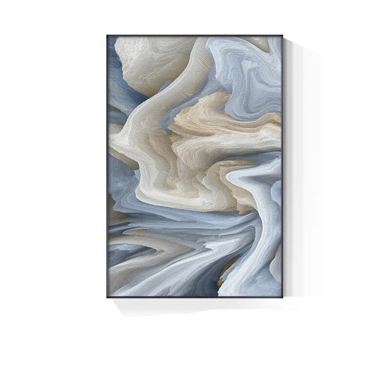 Abstract art print with wavy patterns in blue, beige, and white on a white background