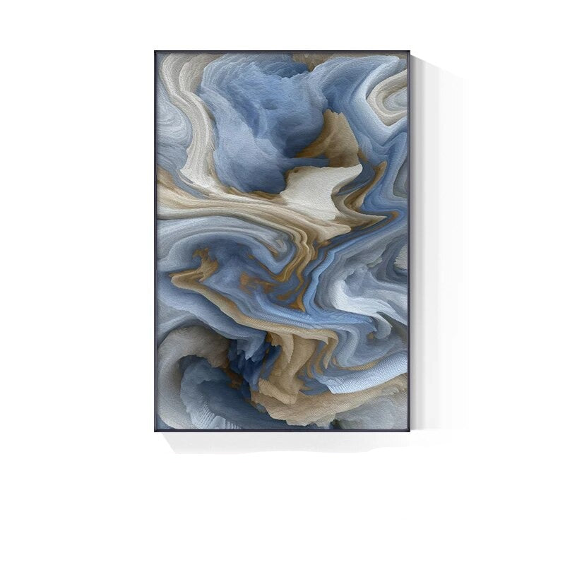 Abstract art print with wavy blue and beige patterns on a white background
