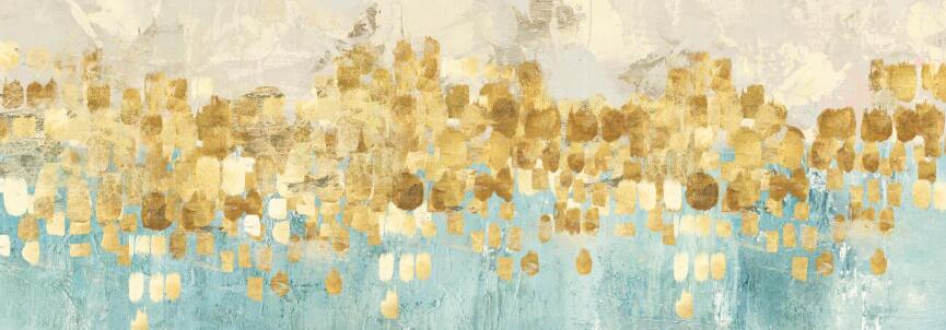 Abstract blue and gold geometric canvas wall art displayed above a grey sofa with colorful cushions, above a white table with a vase of flowers.