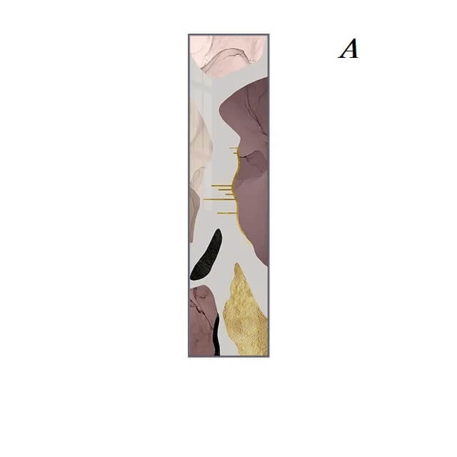 Two vertical canvas wall art prints featuring abstract geometric patterns in purple and gold colors, displayed above a modern living room setup.