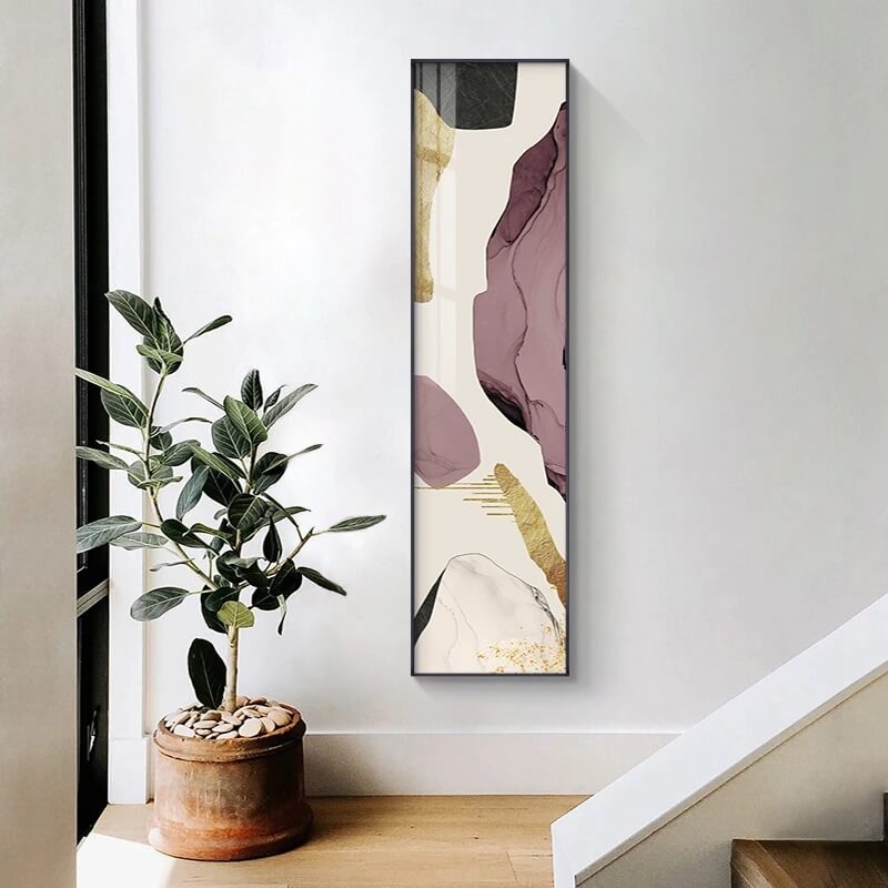 Luxury Abstract Purple and Gold Vertical Slim Canvas Wall Art for Modern Living Rooms, Jass Home Decor Nordic Style Liquid Geomorphic Print, Shipping to UK and USA