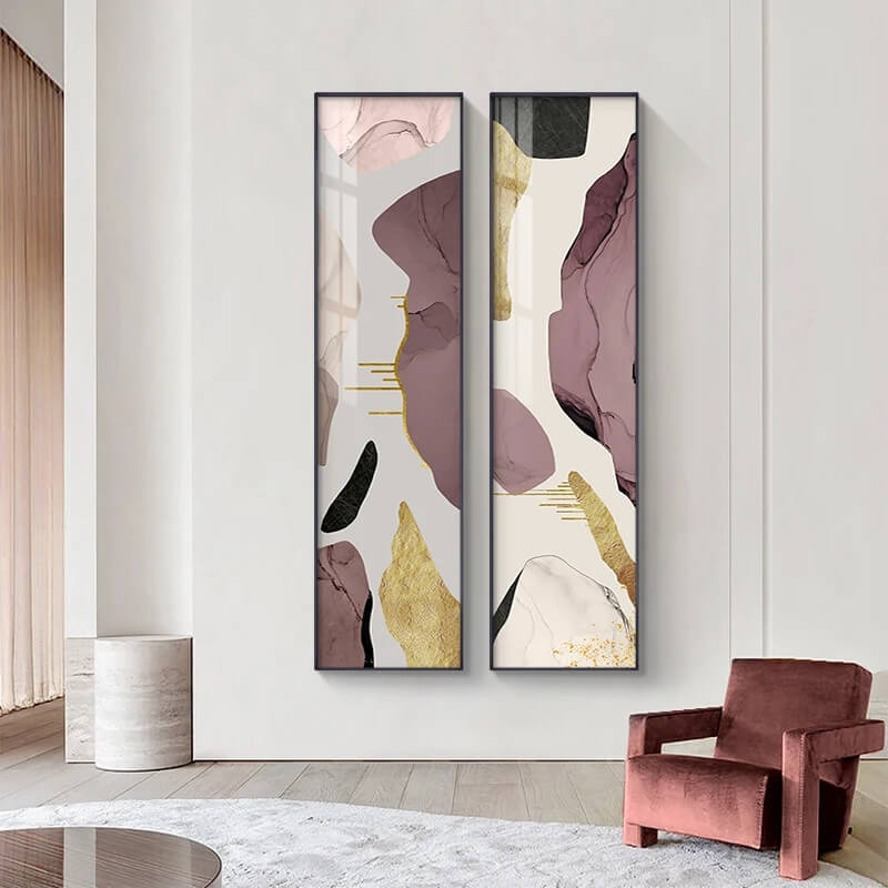 Two vertical canvas wall art prints featuring abstract geometric patterns in purple and gold colors, displayed above a modern living room setup. Jass Home Decor Nordic Style Liquid Geomorphic Print, Shipping to UK and USA