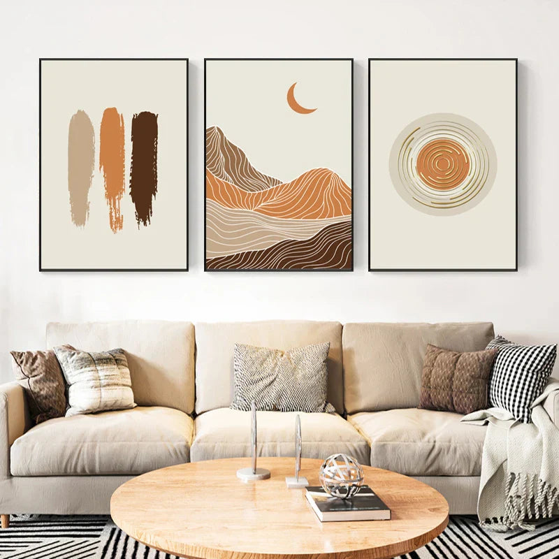 Living room with a beige sofa, wooden coffee table, and abstract wall art.