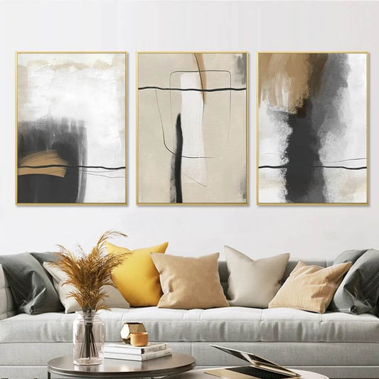 Abstract Modern Black Beige Brush Line Wall Art