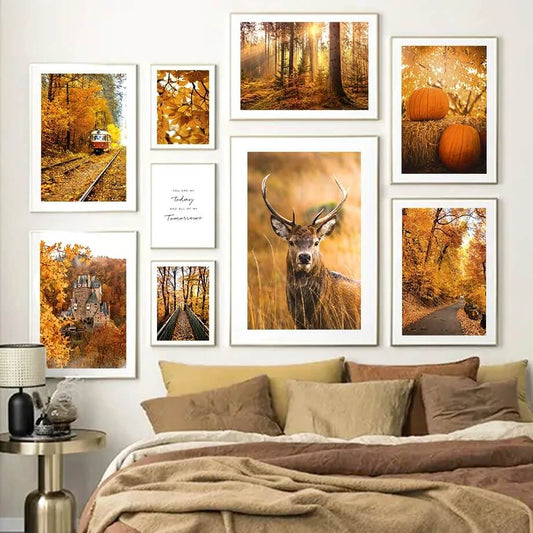 Autumn Forest Deer Pumpkin Leaves Road Large Wall Art