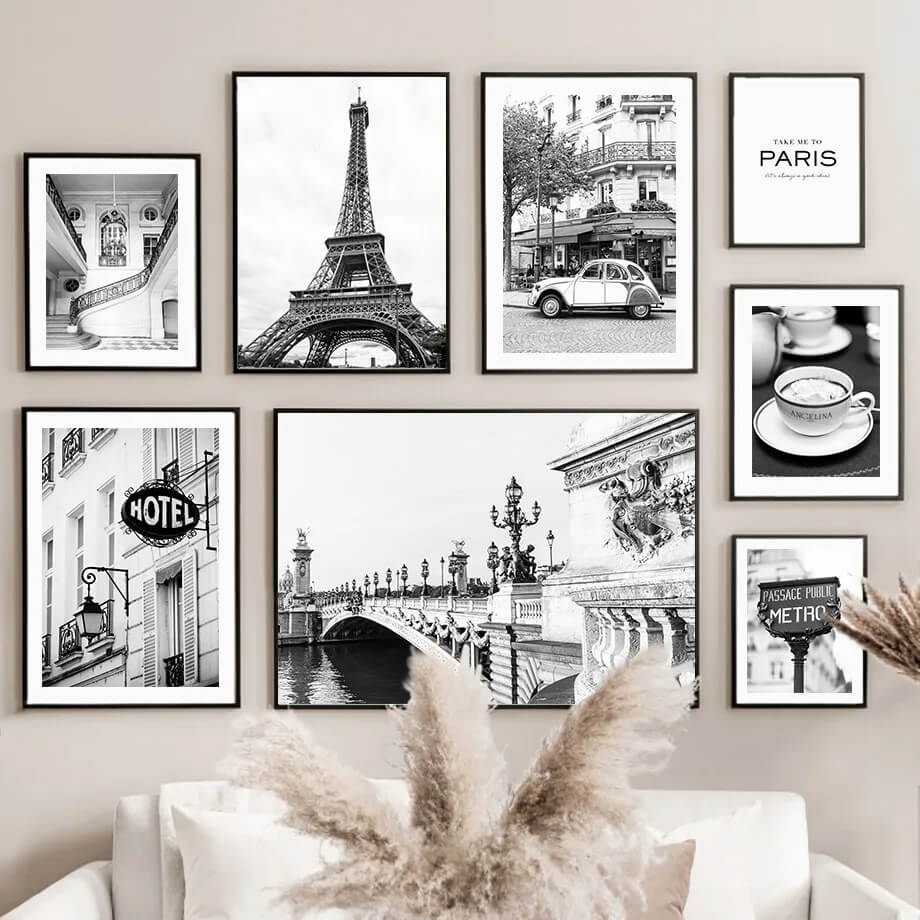 Black and White Paris Cafe Tower Wall Art Canvas Prints