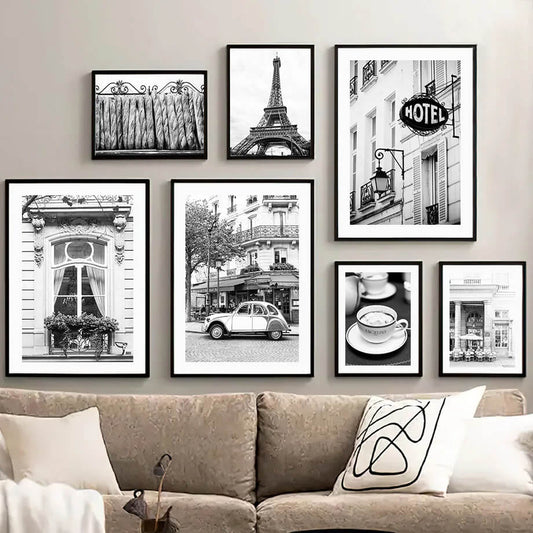 Black and White Paris Cafe Tower Wall Art Canvas Prints