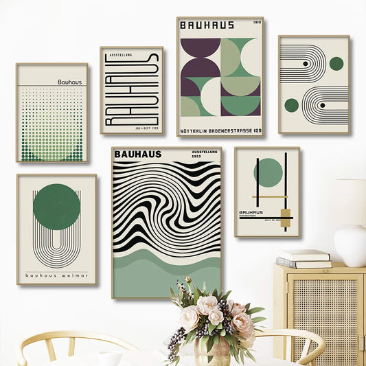 Bauhaus Green Color Abstract Geometric Lines Canvas Prints