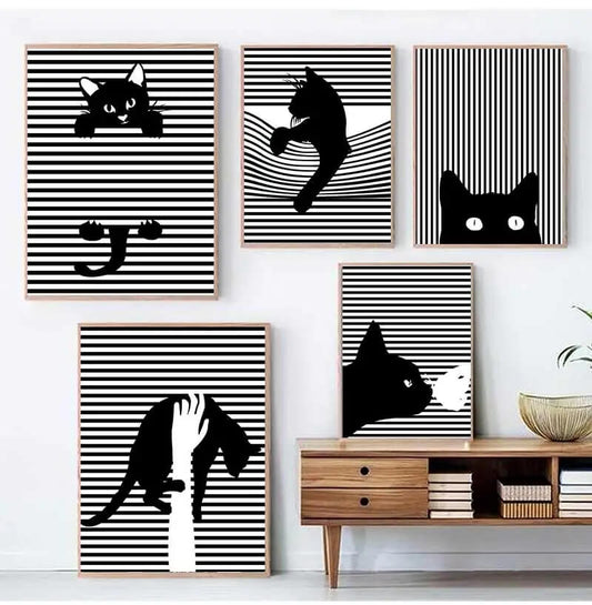 Black And White Cats Line Art Minimalist Canvas Prints