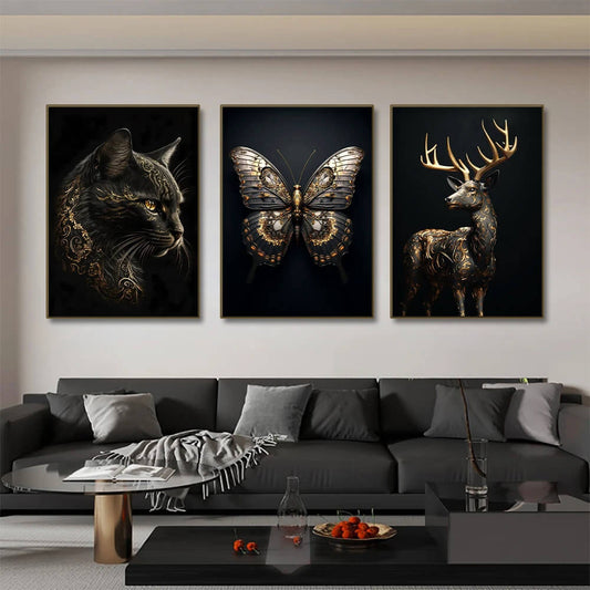 Black Gold Eagle Lion Wild Animals Canvas Wall Art