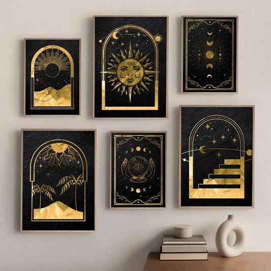 Black Gold Sun Moon Tarot Card Wall Art