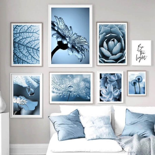 Blue Dandelion Dewdrop Lily Leaf Canvas Prints Botanical Wall Art