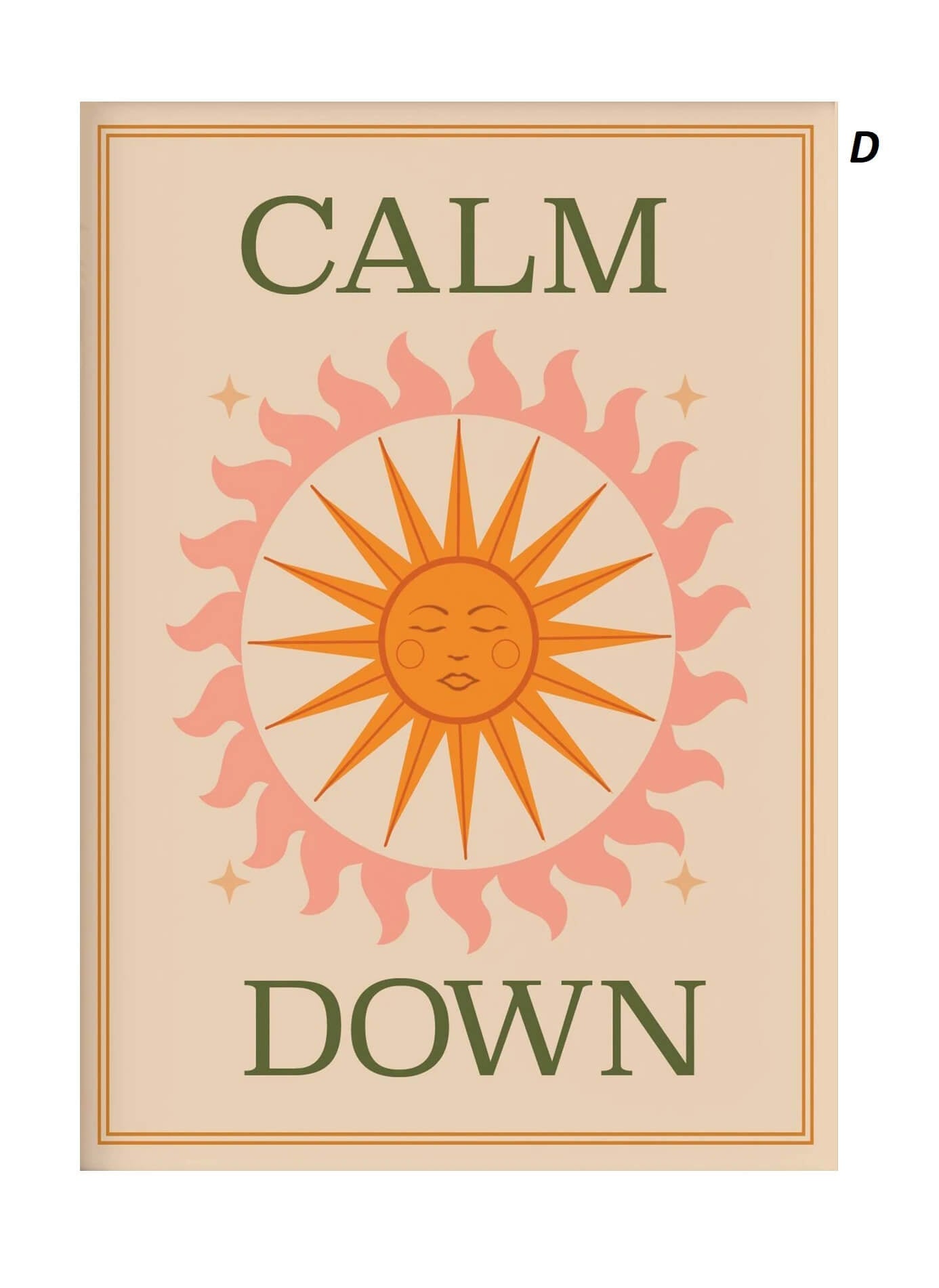 Poster with a sun illustration and 'Calm Down' text on a beige background