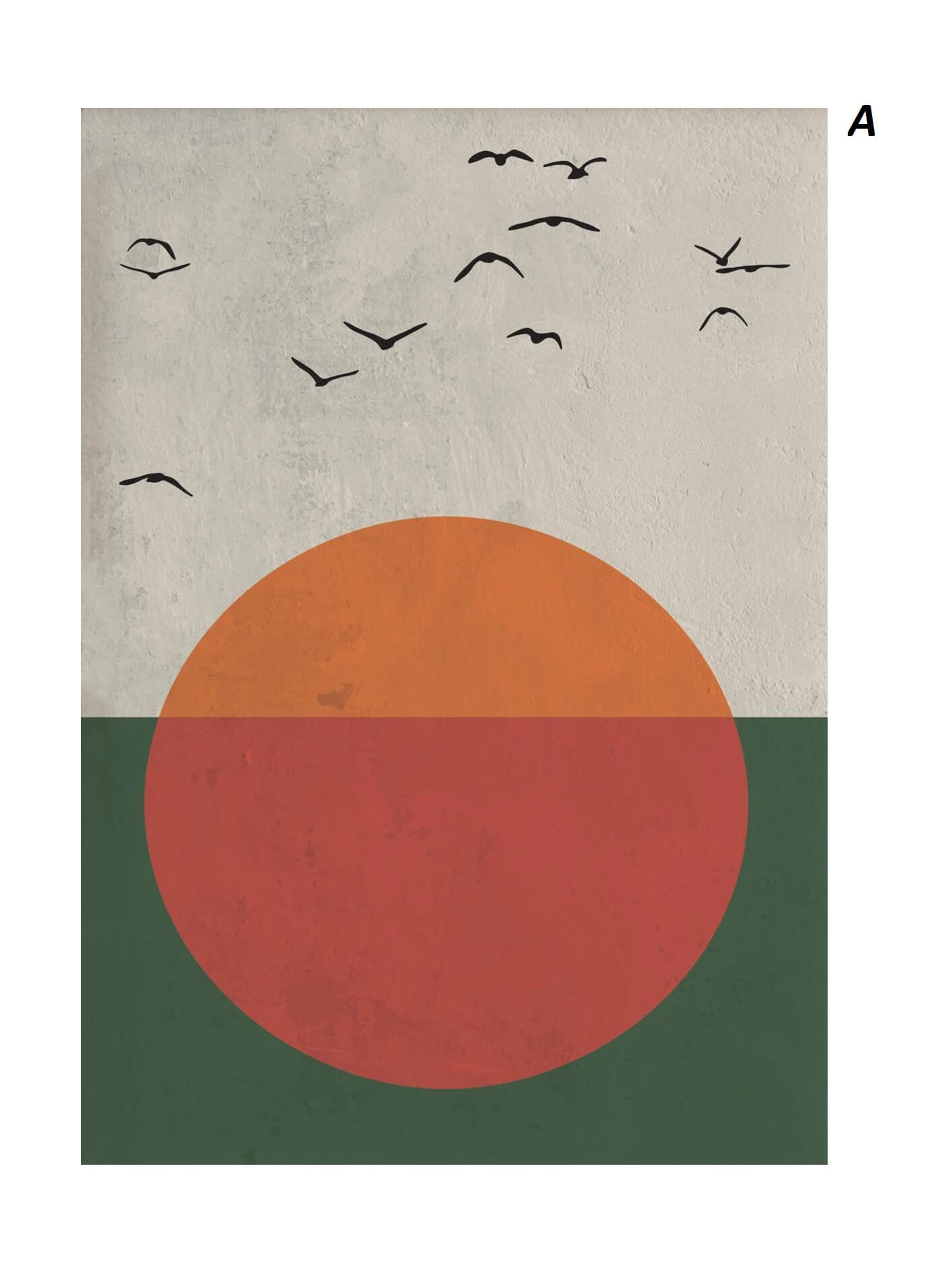 Simplified design with a large red circle, orange circle, and green rectangle on a textured beige background with black bird silhouettes.