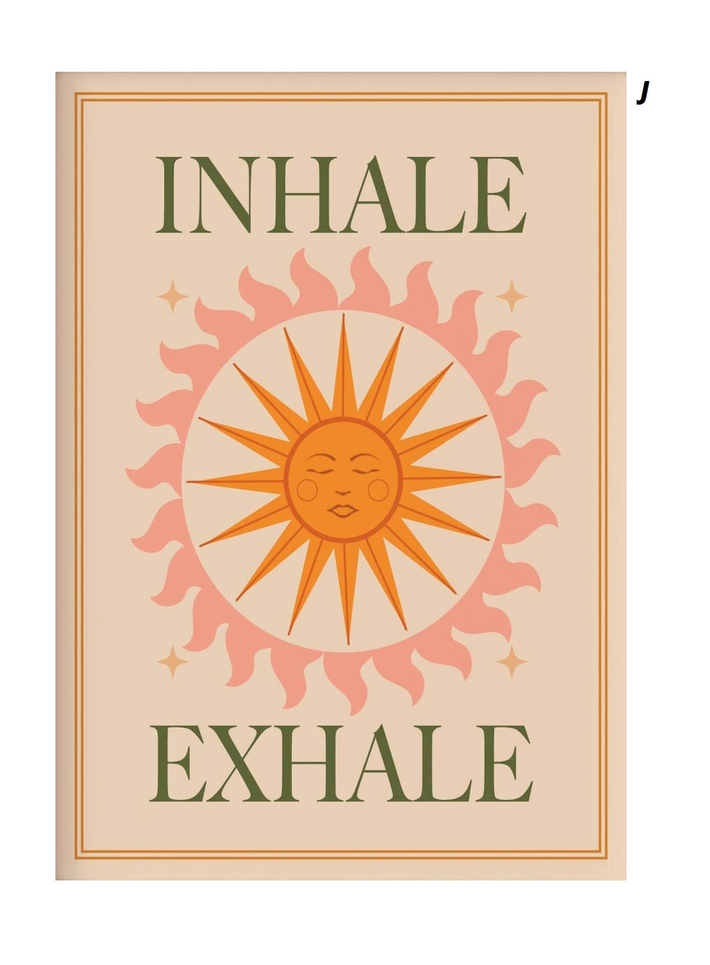 Poster with sun illustration and 'Inhale Exhale' text on a beige background
