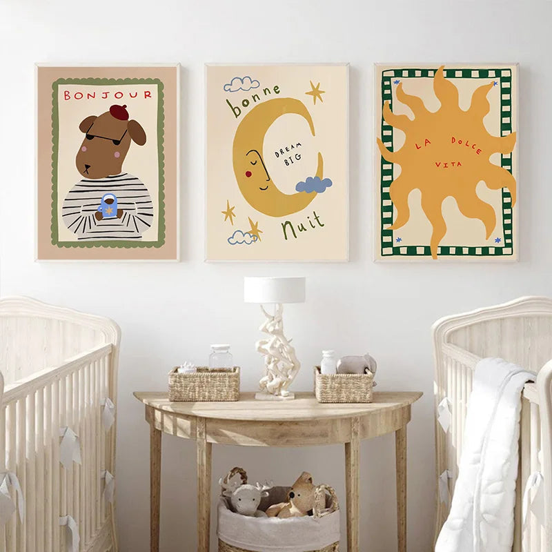 Boho Sun and Moon Animal Nursery Canvas Print Wall Art