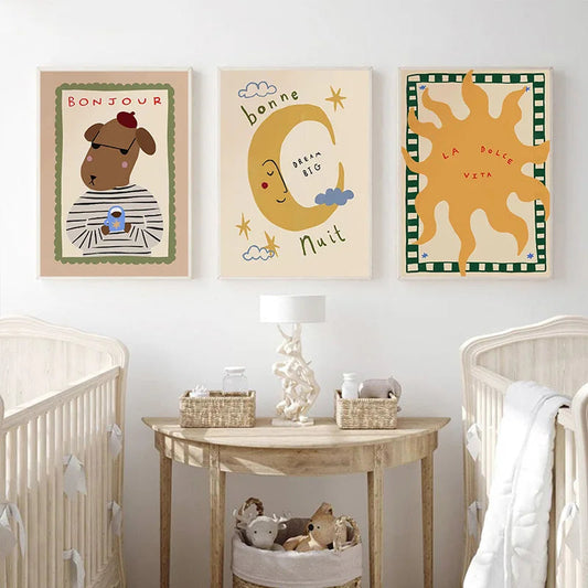Boho Sun and Moon Animal Nursery Canvas Print Wall Art