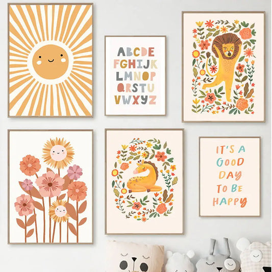 Boho Sun Floral Animal Canvas Prints For Kids Rooms