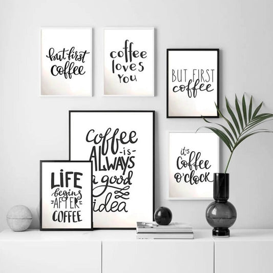 Coffee Quotes Canvas Prints Black and White Minimalist Wall Art