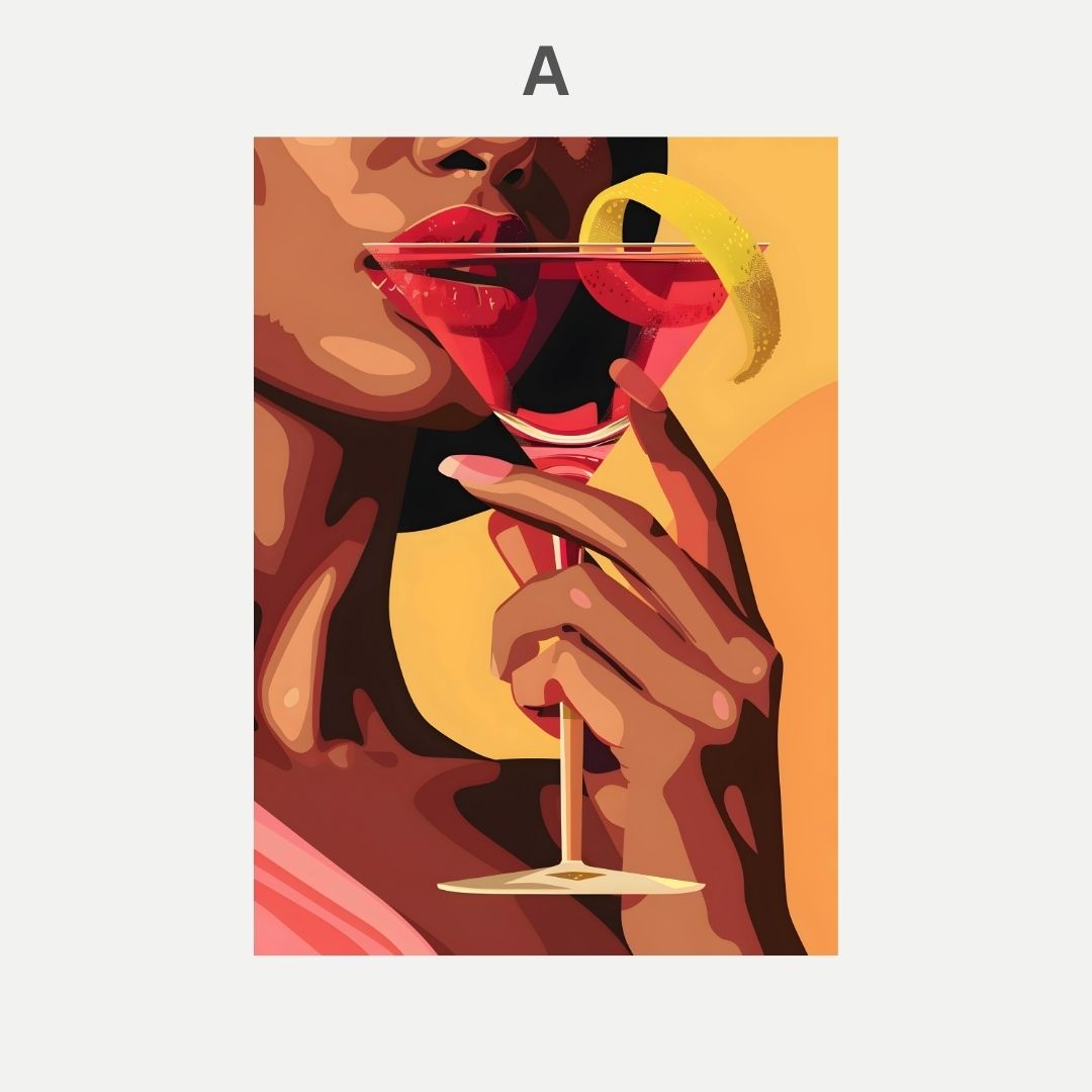 Artistic illustration of a hand holding a cocktail glass with a colorful background