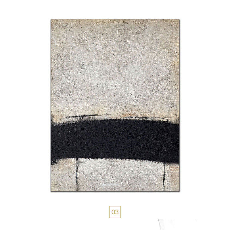 A set of three contemporary abstract canvas prints featuring beige and black colors, displayed above a grey sofa in a living room setting.