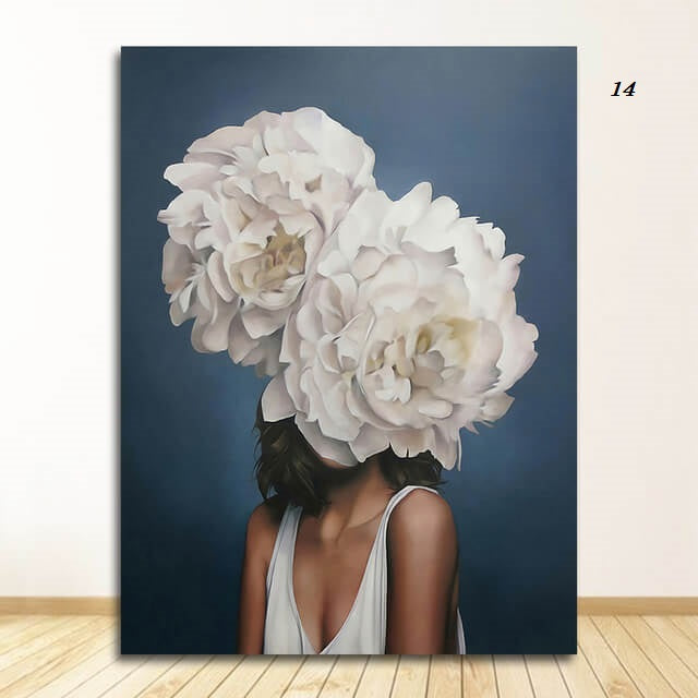 Women with Flowers Feather Head Canvas Wall Art