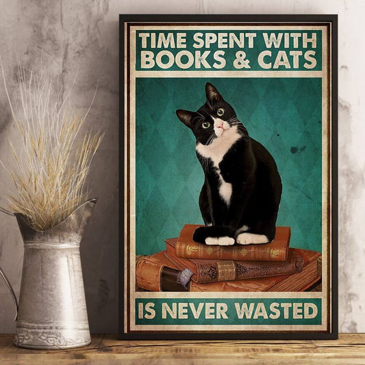 Black Cat Vintage Time Spent With Books and Cats Canvas Print