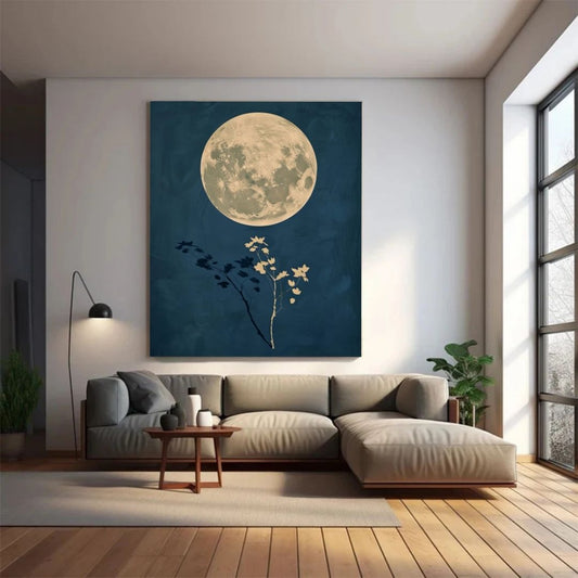 Japandi Dark Night Full Moon Sky Canvas Print Wall Art