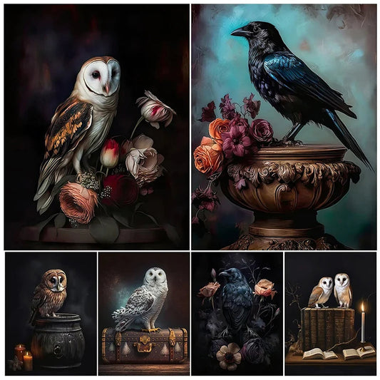 Dark Academia Canvas Prints Black Raven Owl Wall Art