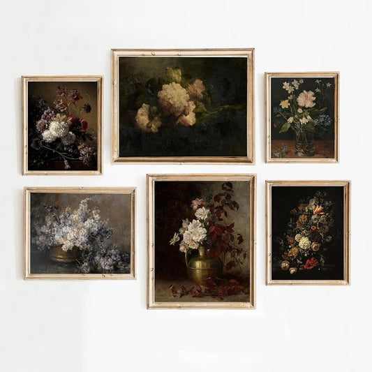 Dark Academia Canvas Prints Vintage Black Background Floral Wall Art