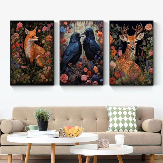 Dark Academia Gothic Floral Woodland Animals Raven Owl Fox Woolf Wall Art