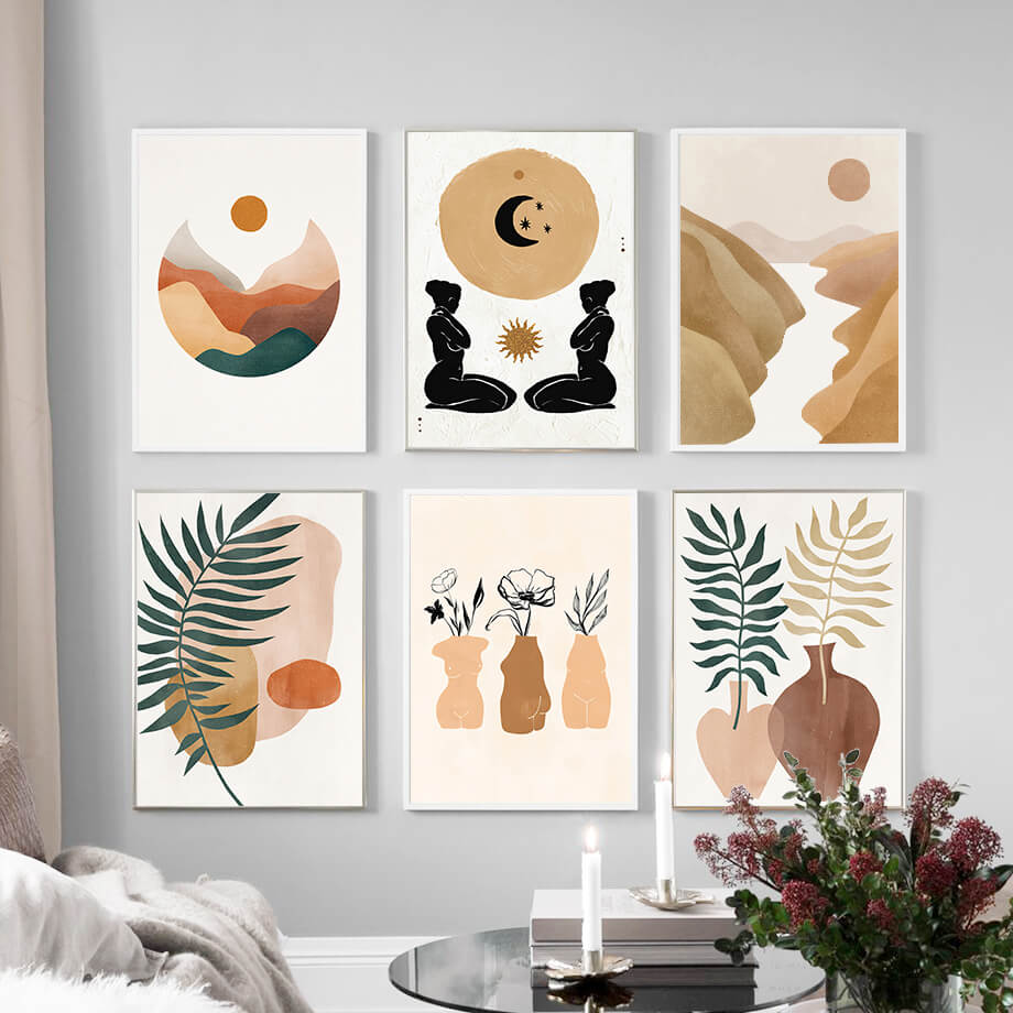 Mountain River Sun Leaf Vase Abstract Boho Canvas Prints