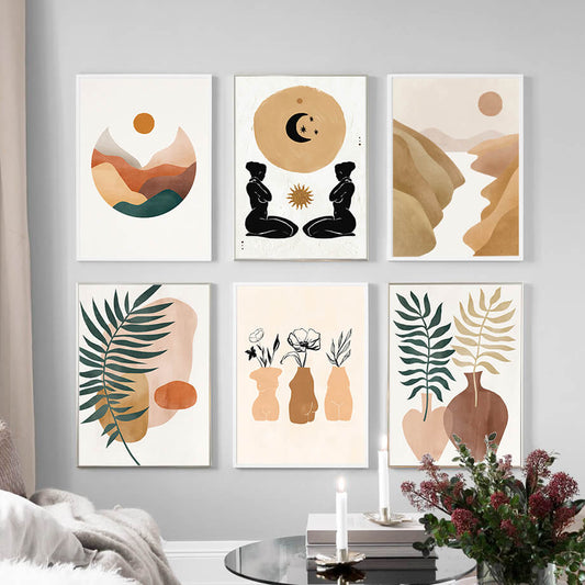 Mountain River Sun Leaf Vase Abstract Boho Canvas Prints