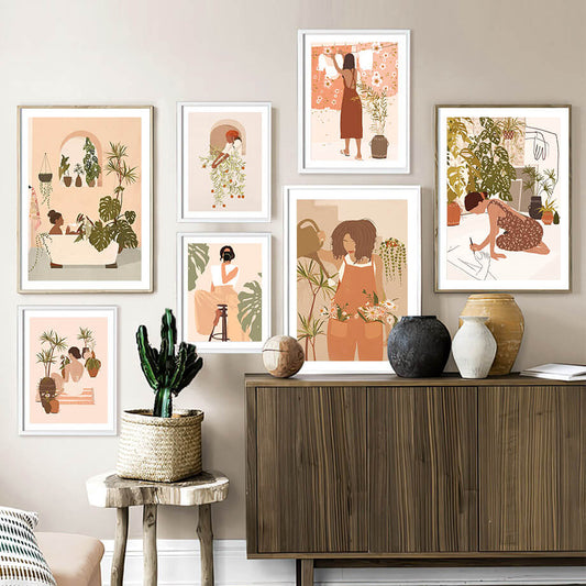 Vintage Fashion Girl Monstera Leaves Canvas Prints Wall Art