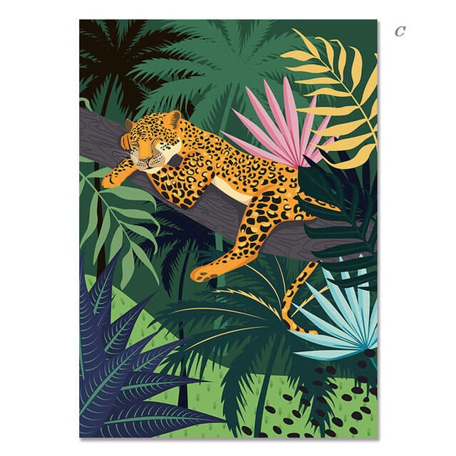 Monstera Leaves and Jungle Animals Canvas Prints