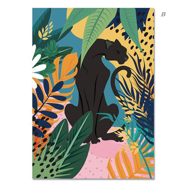 Monstera Leaves and Jungle Animals Canvas Prints