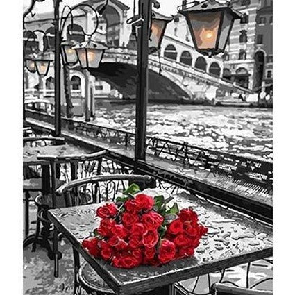 DIY Paint By Numbers - Red Roses Black&White Bridge Painting Canvas